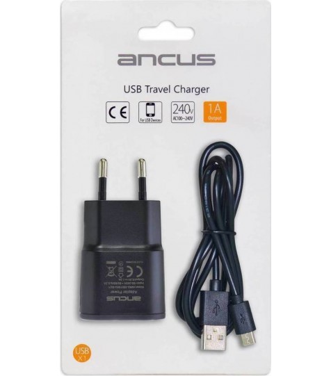 Φορτιστής  Ancus Usb 1000 mAh Switching 5V με Αποσπώμενο Καλώδιο Micro USB 1m Μαύρος