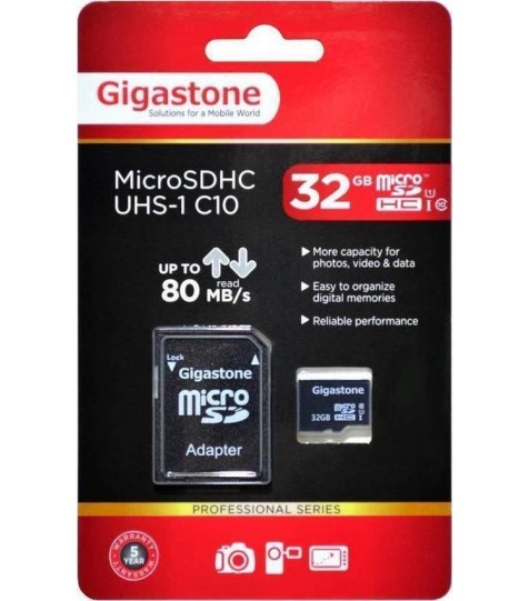 Κάρτα Μνήμης Gigastone MicroSDHC UHS-1 32GB C10 Professional Series με SD Αντάπτορα up to 80 MB/s