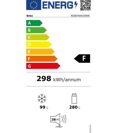 Ψυγείο Δίπορτο Beko RDSE450K30WN 379lt Υ170xΠ70xΒ65εκ. Λευκό